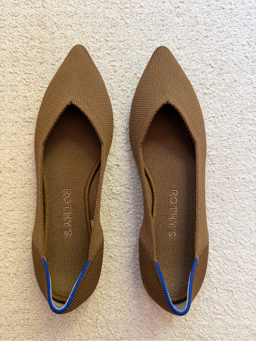 Rothy's Pointed Knit Flats in Brown with Blue Accent